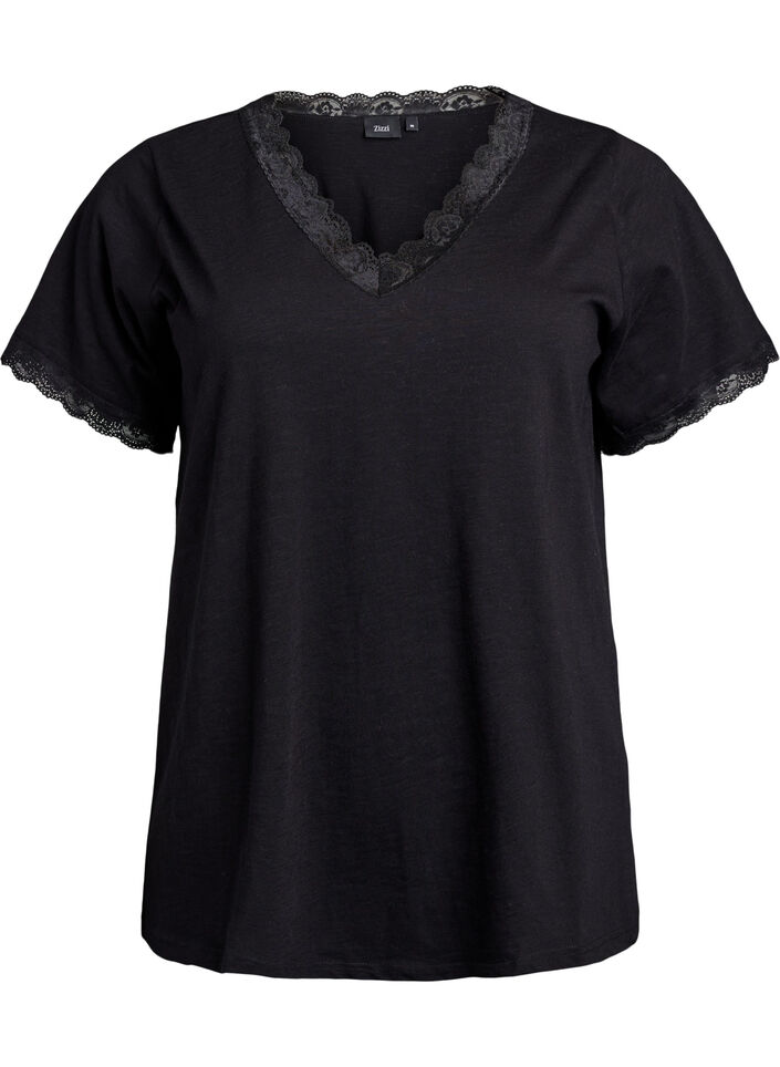 T-shirt with lace trim, Black, Packshot image number 0