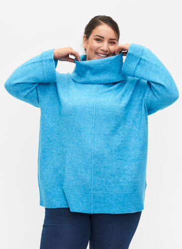Long-sleeved knitted jumper with turtleneck, Malibu Blue Mel., Model image number 0