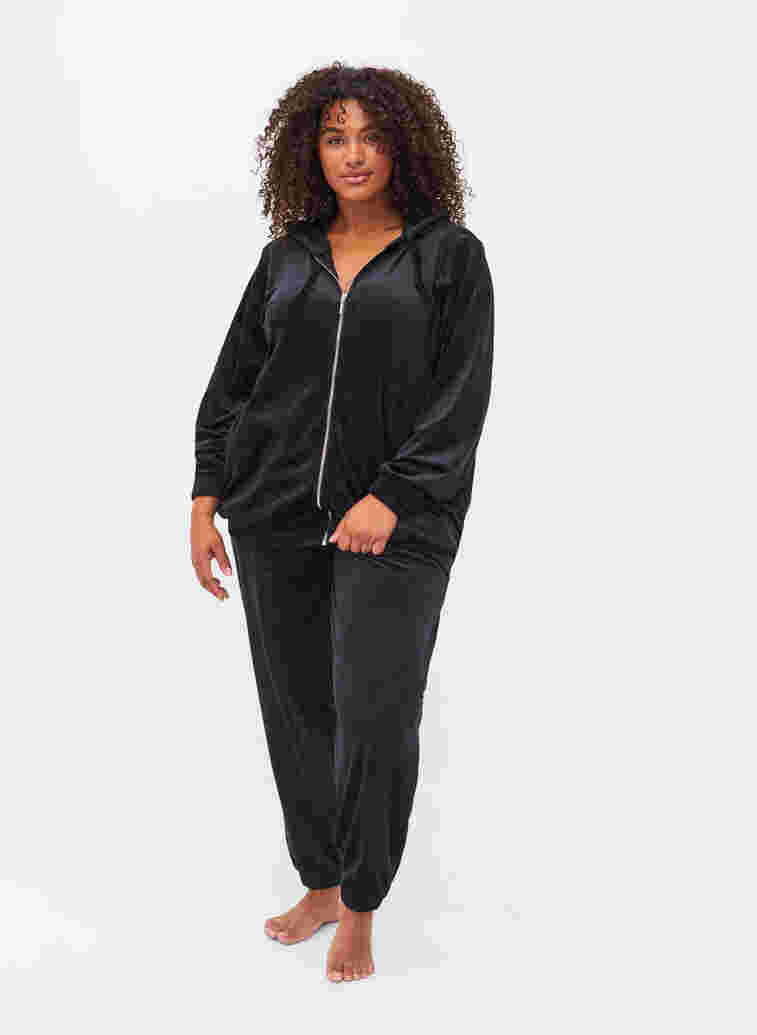 Velour cardigan with zip and hood, Black, Model image number 2