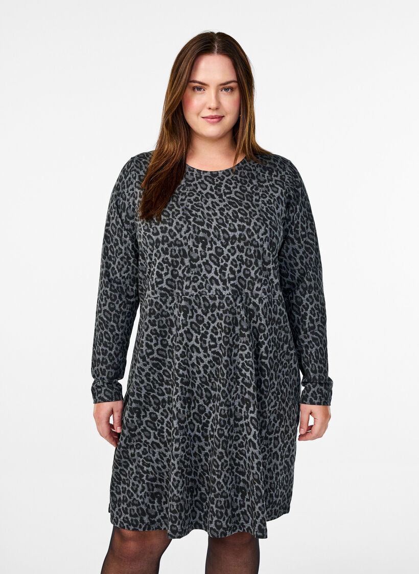 Long-sleeved dress with round neck and leopard print, Dark Grey Leo, Model image number 0