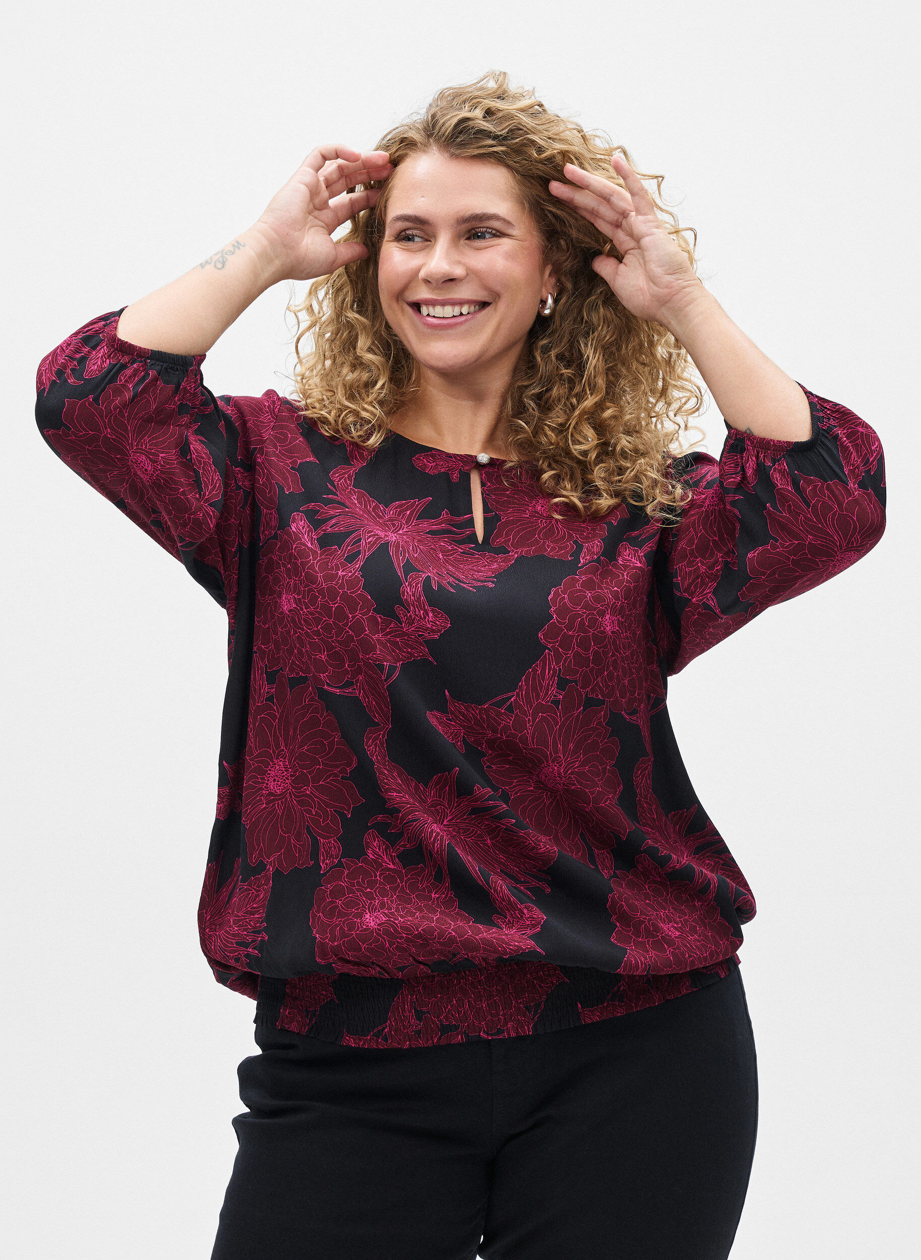 ZizzifashionViscose blouse with flower print and smocking, Dark Bordeaux, Model image number 0