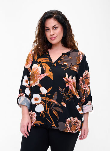 100% viscose blouse with floral print, Black Flower AOP, Model image number 0