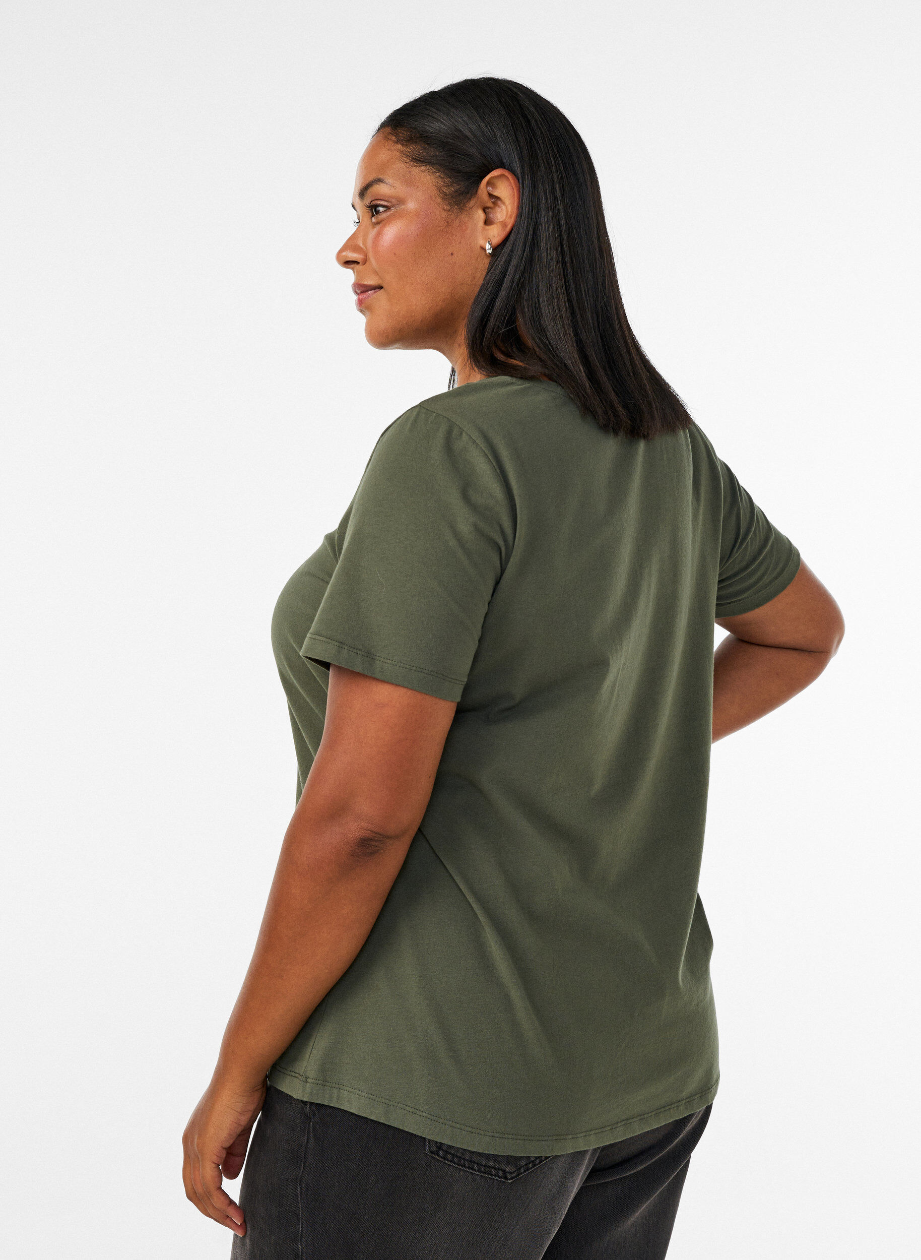 ZizzifashionSolid-coloured basic cotton T-shirt, Green, Model image number 2