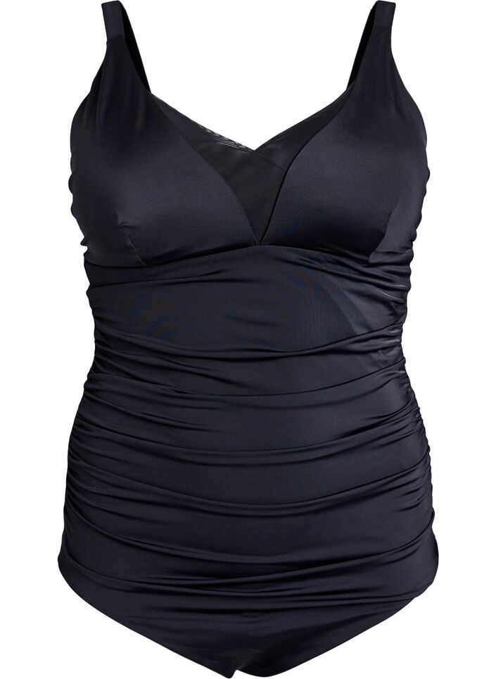 Swimsuit with v-neck and mesh detail, Black, Packshot image number 0