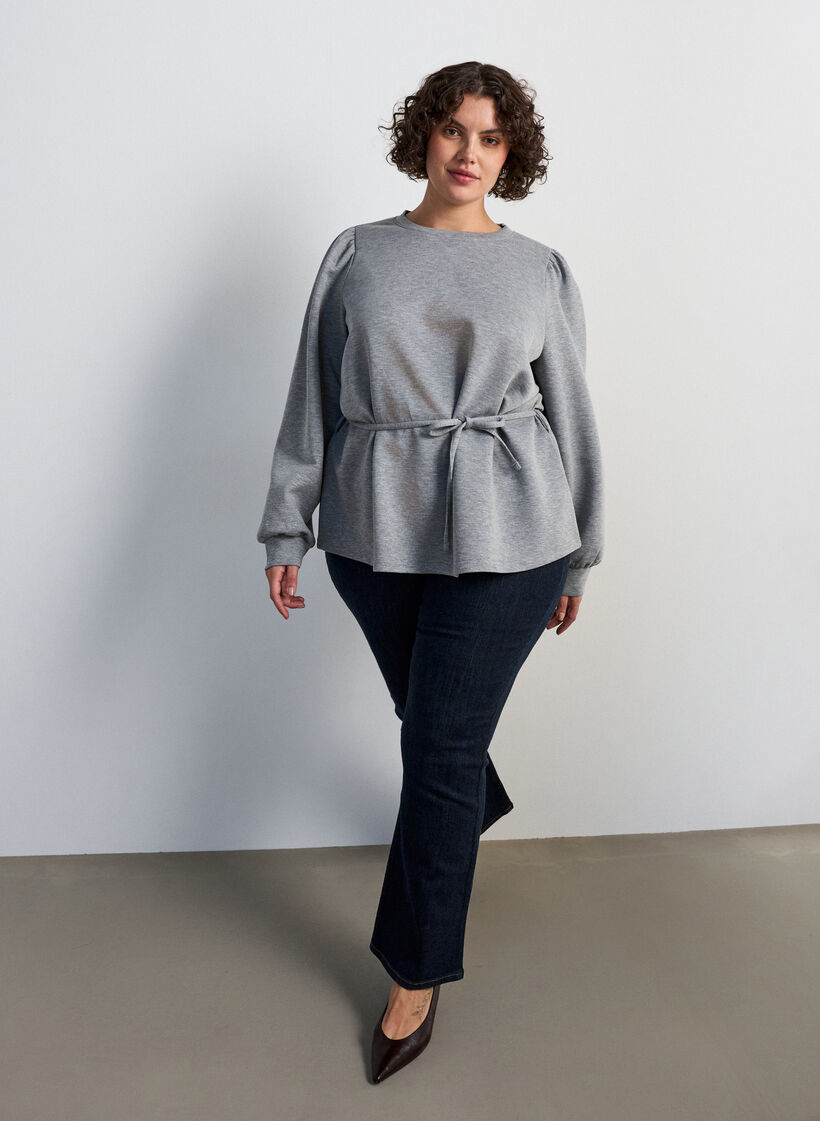 Blouse with tie and puff sleeves, Grey, Model image number 1