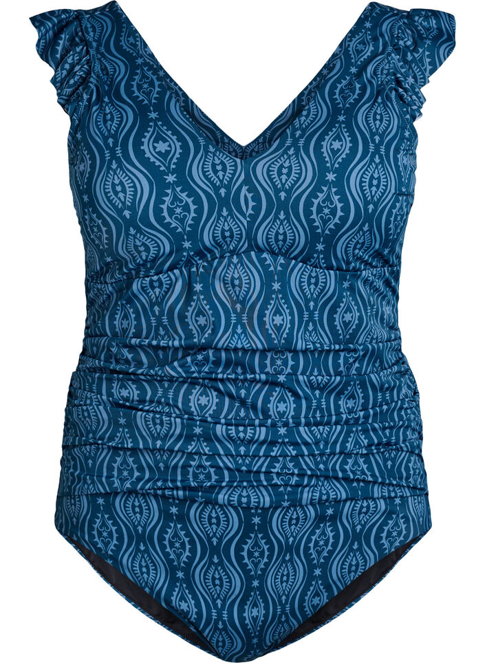 Patterned swimsuit with ruffle details and draping, Petrol, Packshot image number 0