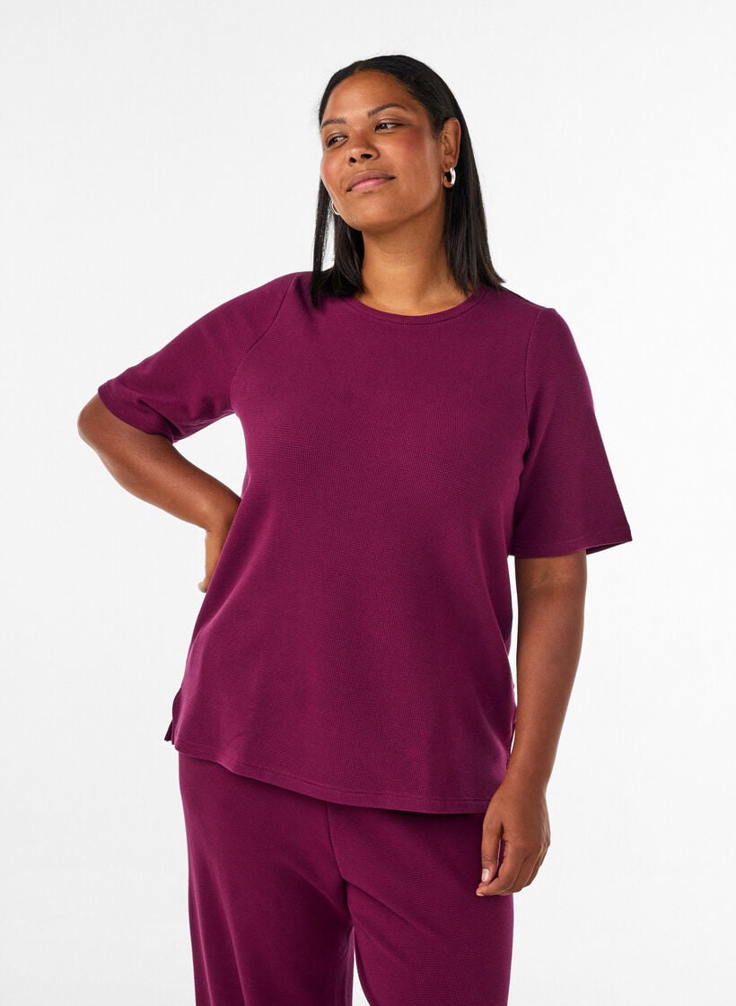 Textured blouse with elbow-length sleeves, Red, Model image number 0