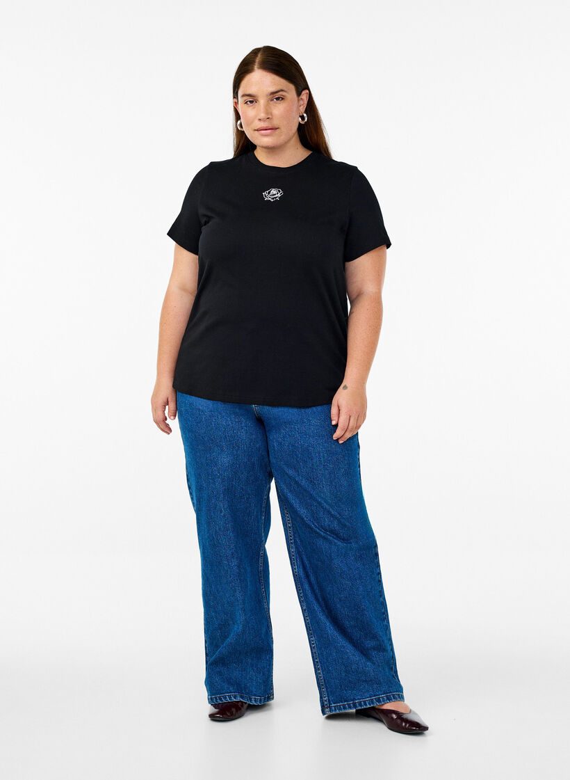 Cotton T-shirt with embroidery detail, Black, Model image number 1
