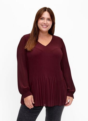 Long sleeve pleated blouse with V-neck, Fudge, Model image number 0