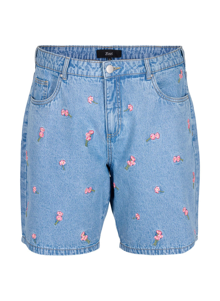 Denim shorts with embroidered flowers, Light Blue, Packshot image number 0