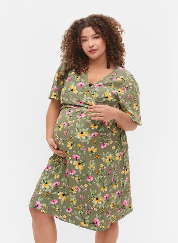 Pregnancy dress in viscose with wrap, Green Flower Print, Model image number 0