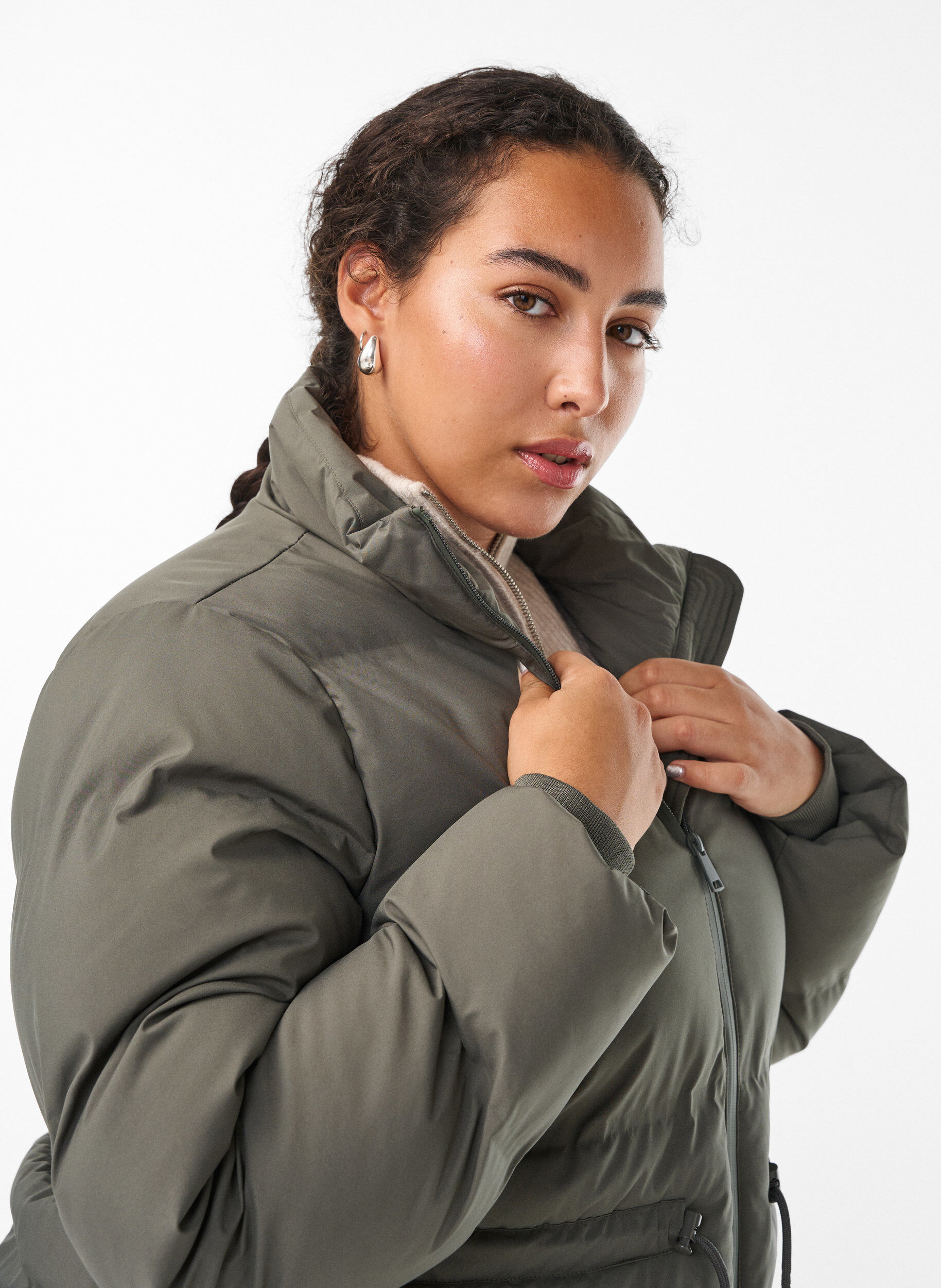 Zizzifashion Mid-length puffer jacket with adjustable waist, Dark Grey, Model image number 3