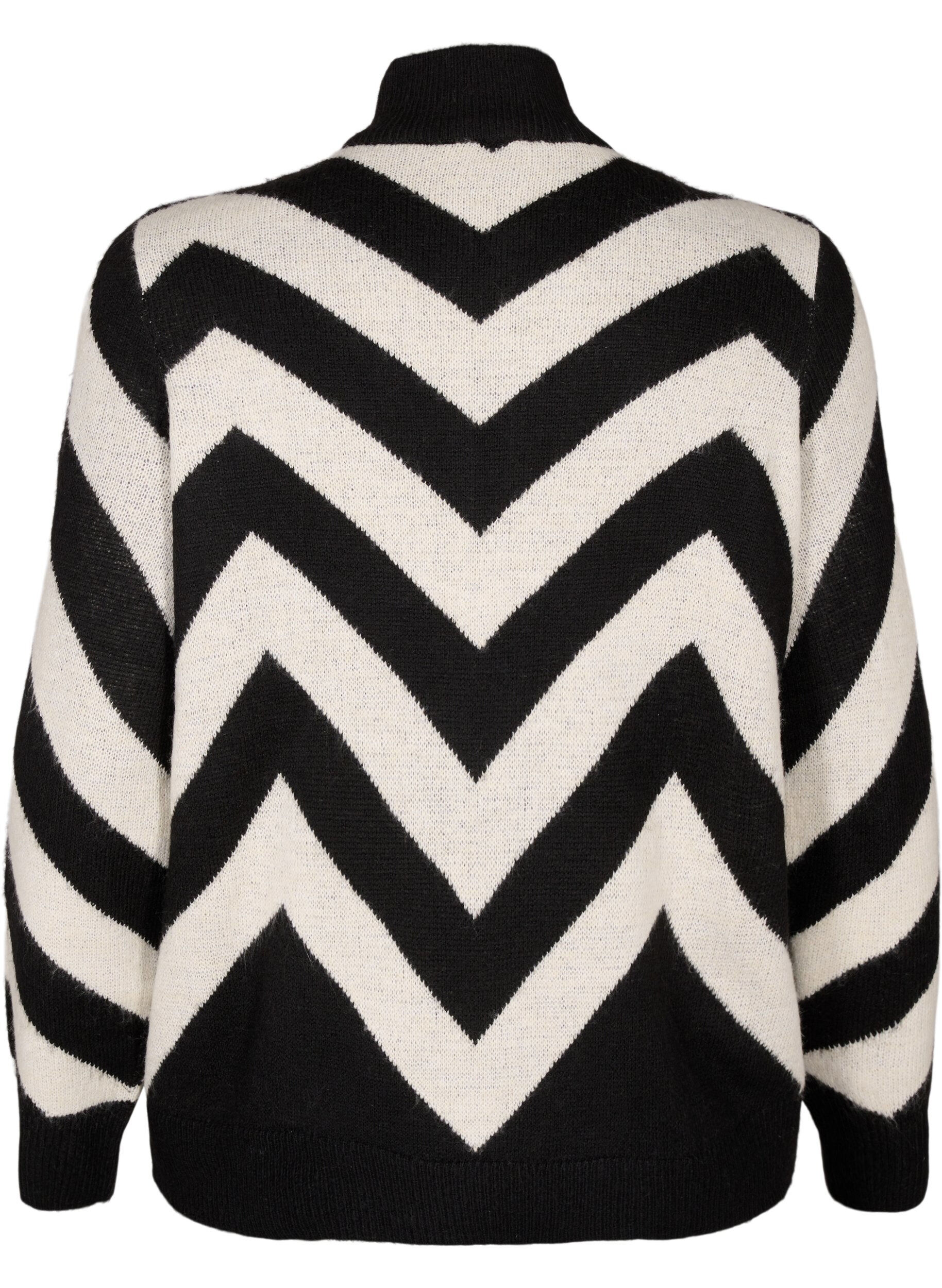 Zizzifashion High neck knitted sweater with zipper, Black Birch Stripe, Packshot image number 1