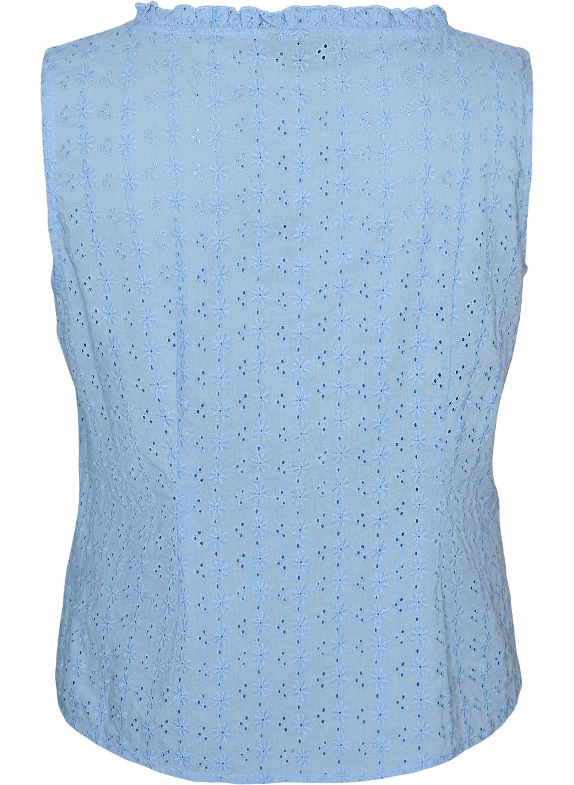 ZizzifashionSleeveless blouse with broderie anglaise and ruffles, Light Blue, Packshot image number 1