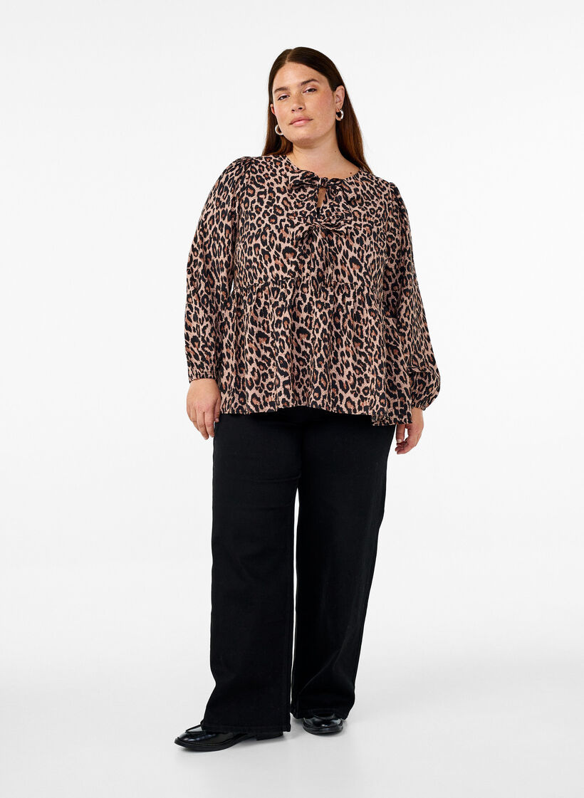 Peplum blouse with tie and leopard print, Brown, Model image number 1
