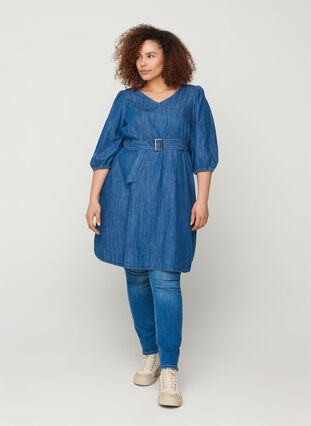 Denim dress with a belt and 3/4 length sleeves, Blue denim, Model image number 2