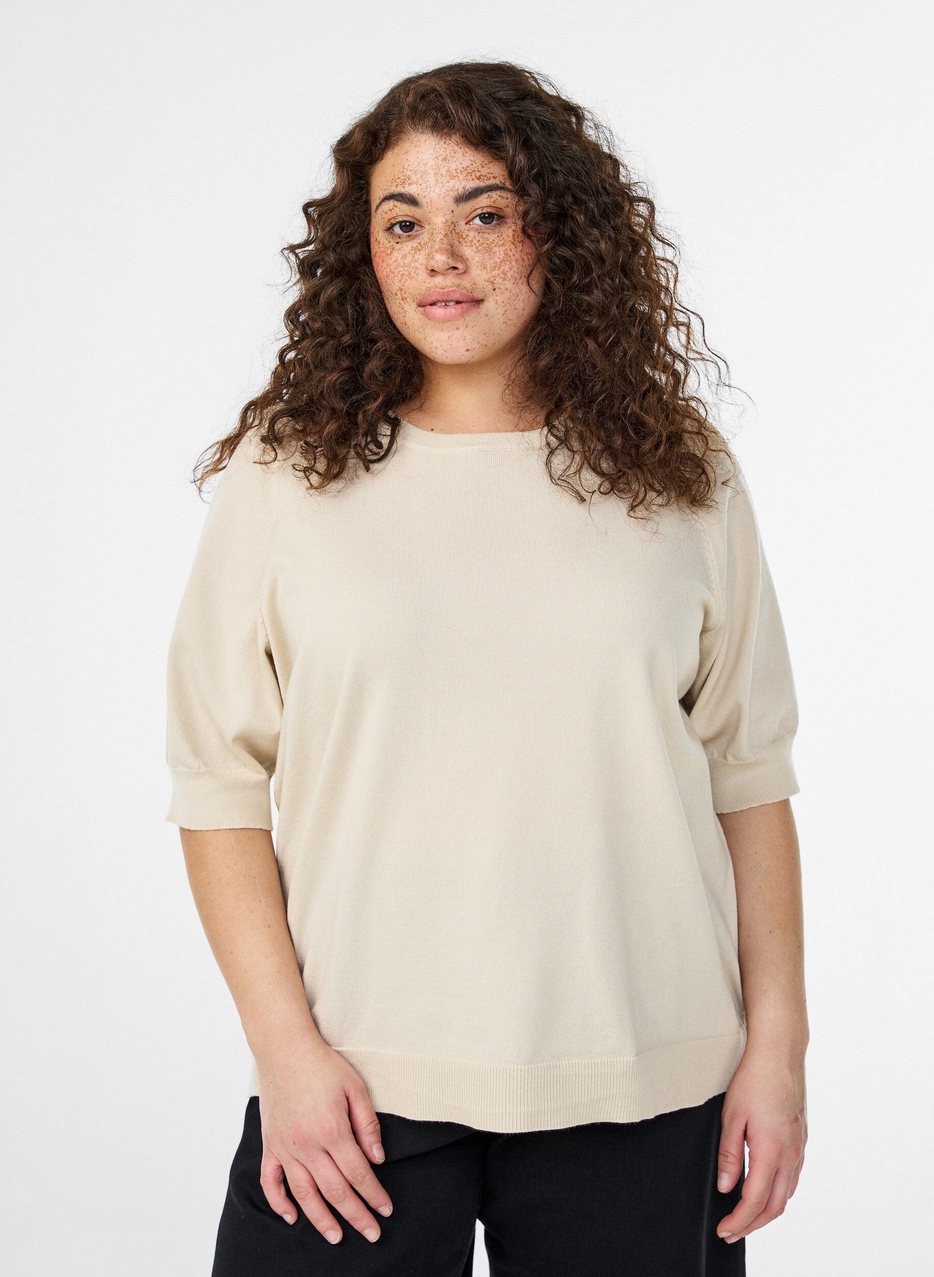 ZizzifashionFine-knit blouse with short sleeves, Beige, Model image number 0