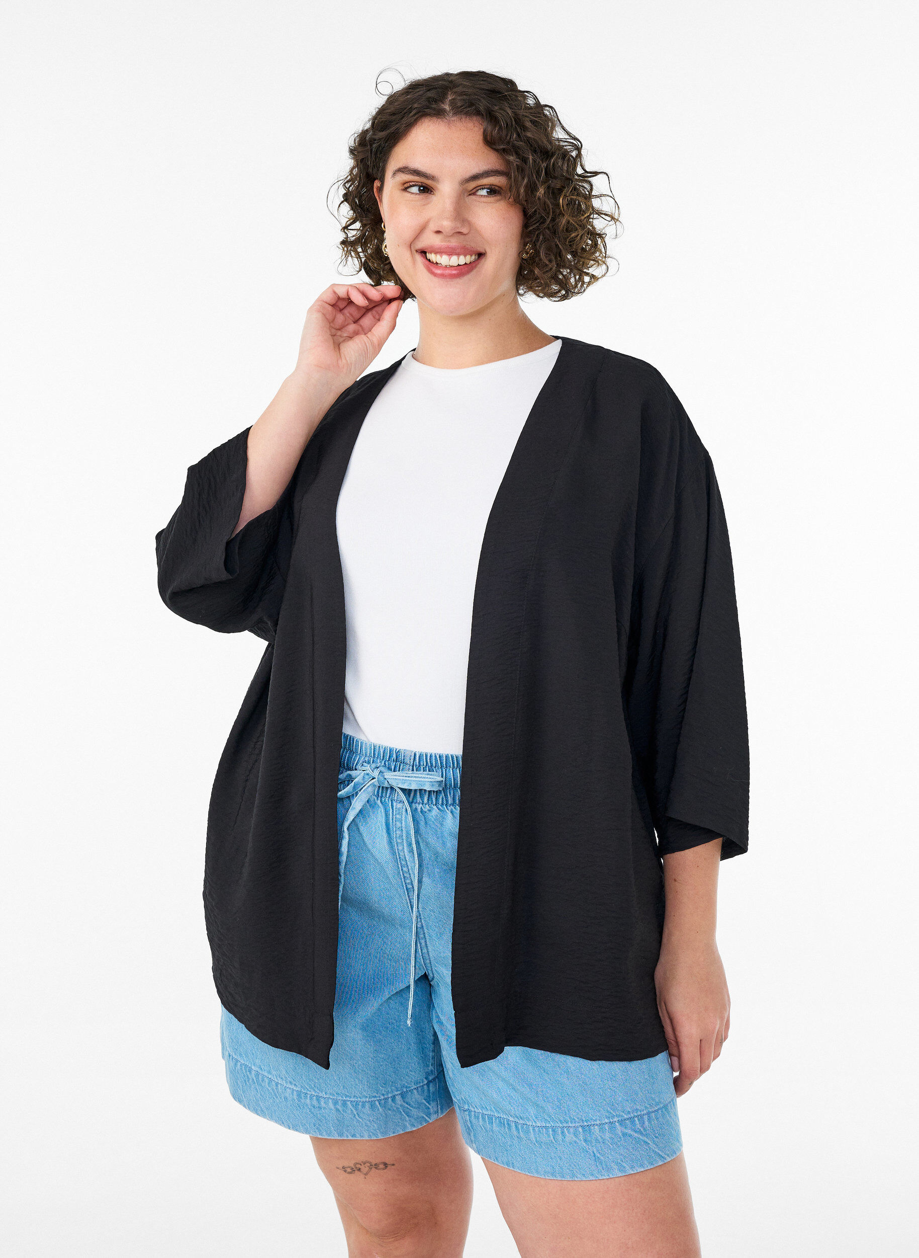 ZizzifashionShort viscose kimono with 3/4 sleeves, Black, Model image number 0