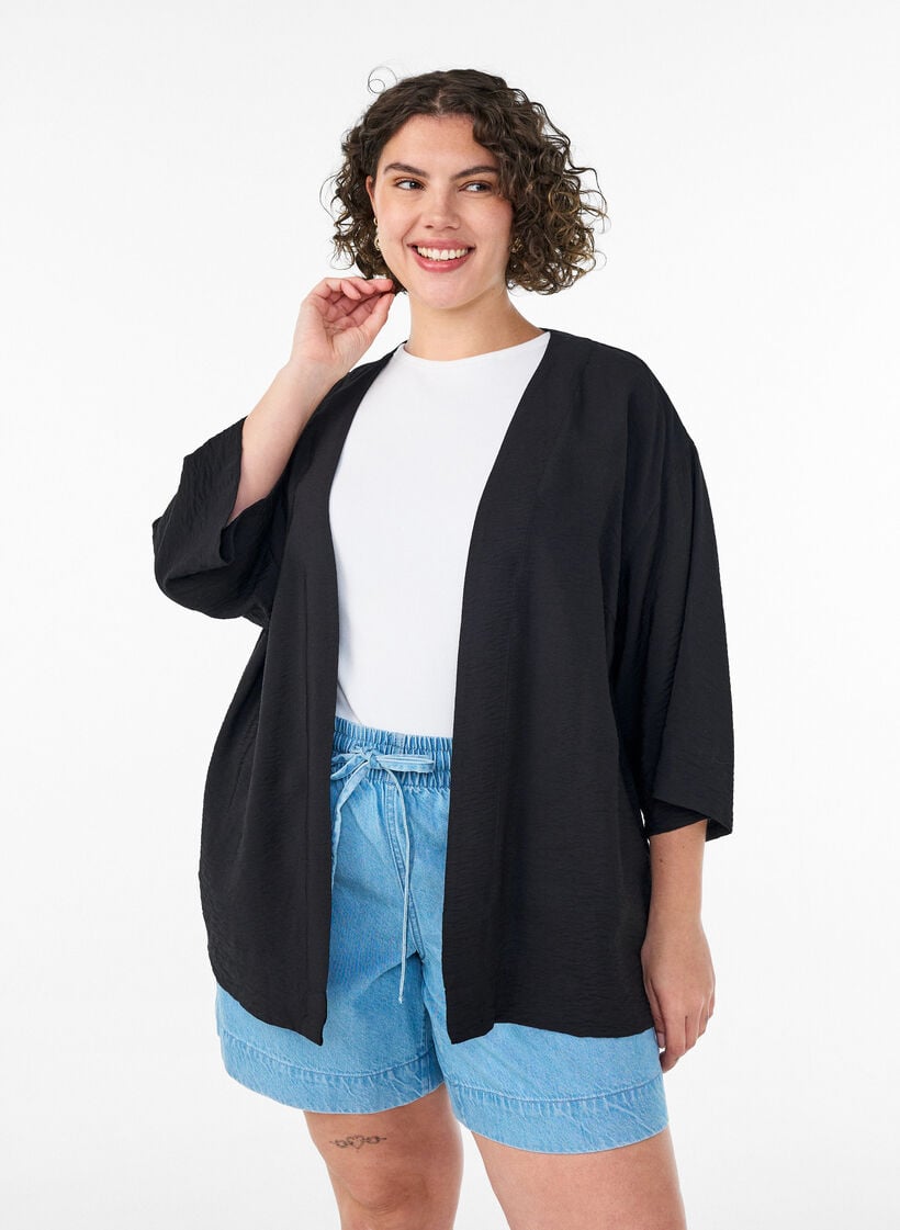 Short viscose kimono with 3/4 sleeves, Black, Model image number 0