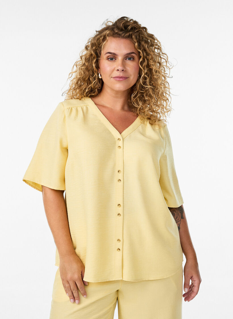 V-neck shirt blouse with short sleeves, Yellow, Model image number 0