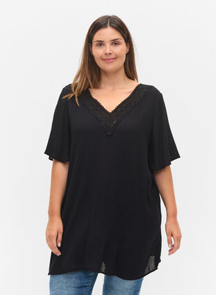 Short-sleeved viscose tunic with lace details, Black, Model image number 0