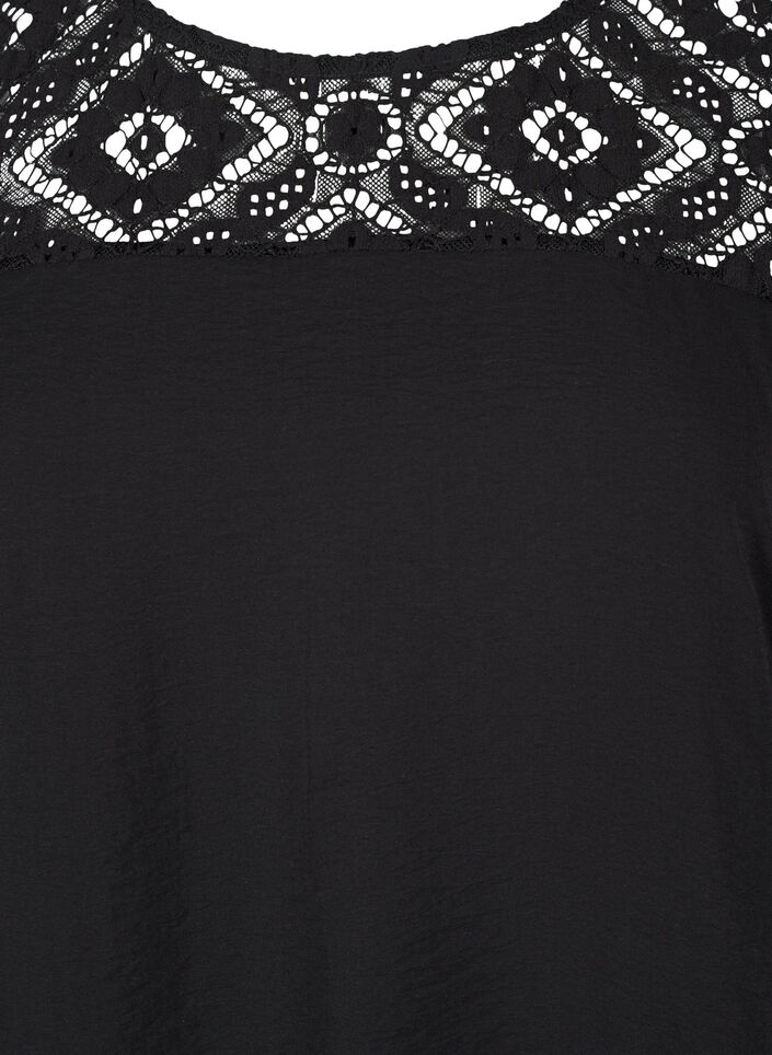 Short-sleeved viscose blouse with lace detail, Black, Packshot image number 2