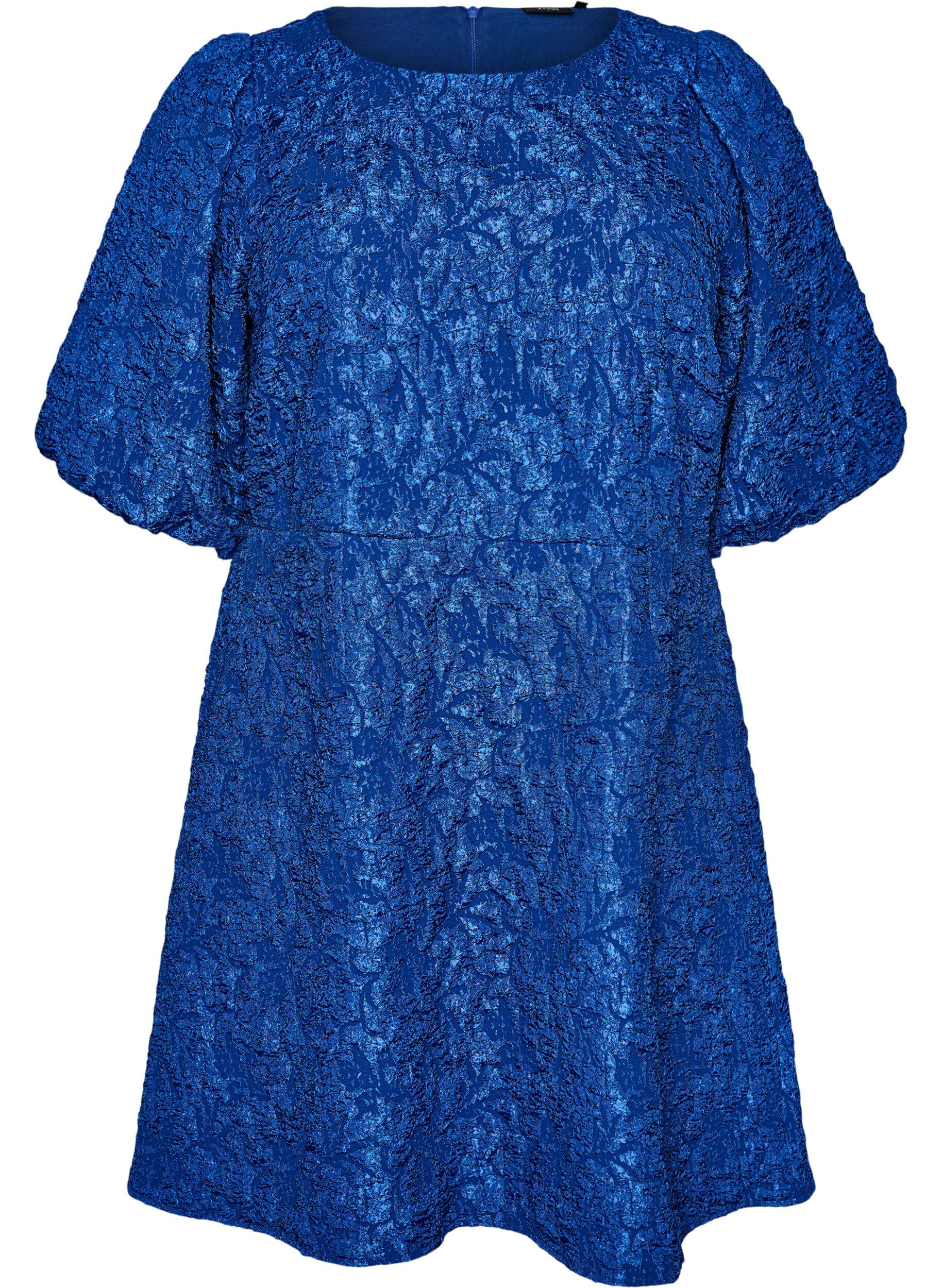 Jacquard dress with puff sleeves and A-line