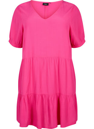 Single colored viscose tunic with short sleeves, Beetroot Purple, Packshot image number 0