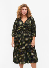 Dress with dotted foil print and 3/4 sleeves, Scarab w. Gold, Model