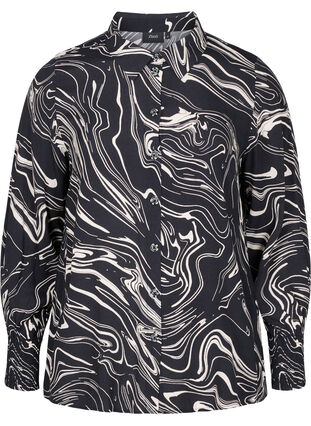 Long-sleeved viscose shirt with print, Black Swirl AOP, Packshot image number 0
