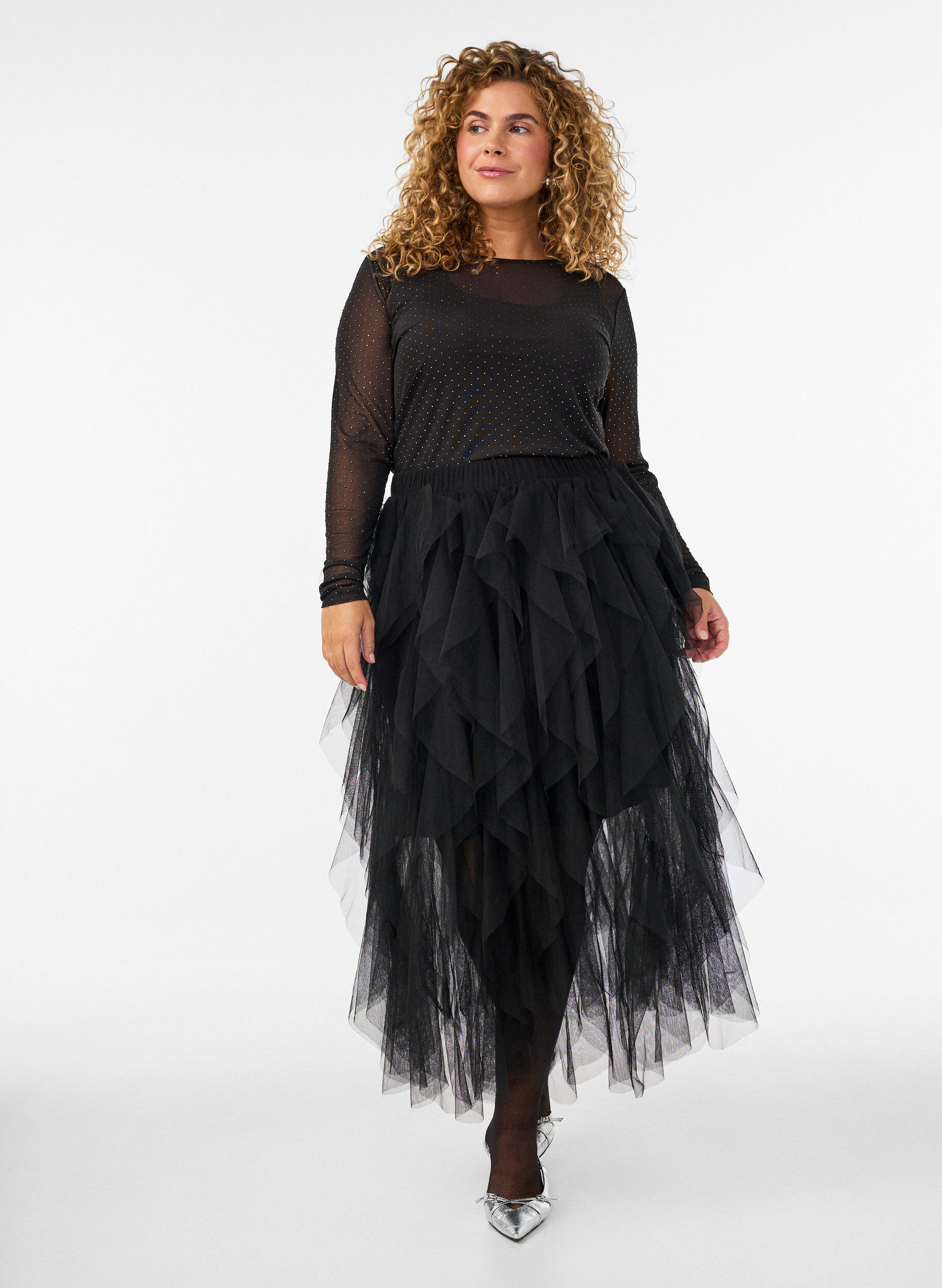 ZizzifashionMidi tulle skirt with elastic waistband, Black, Model image number 0