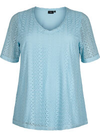 Short-sleeved lace blouse with v-neck