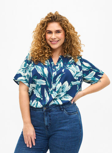 Blouse with short sleeves and v-neck, Navy B.Big FlowerAOP, Model image number 0