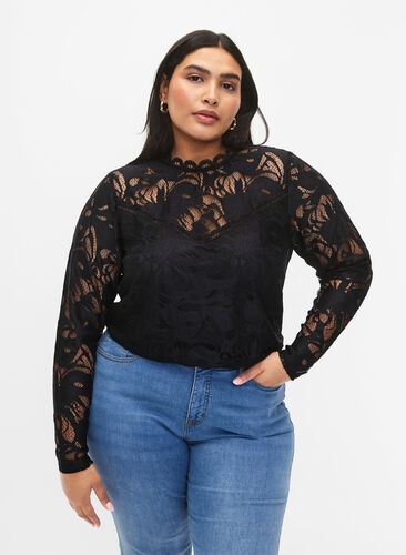 Long-sleeved lace blouse, Black, Model image number 0