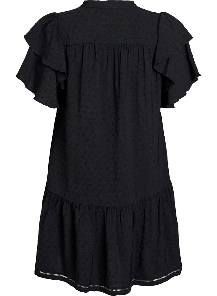 Short dress with ruffle sleeves and dotted texture, Black, Packshot image number 1