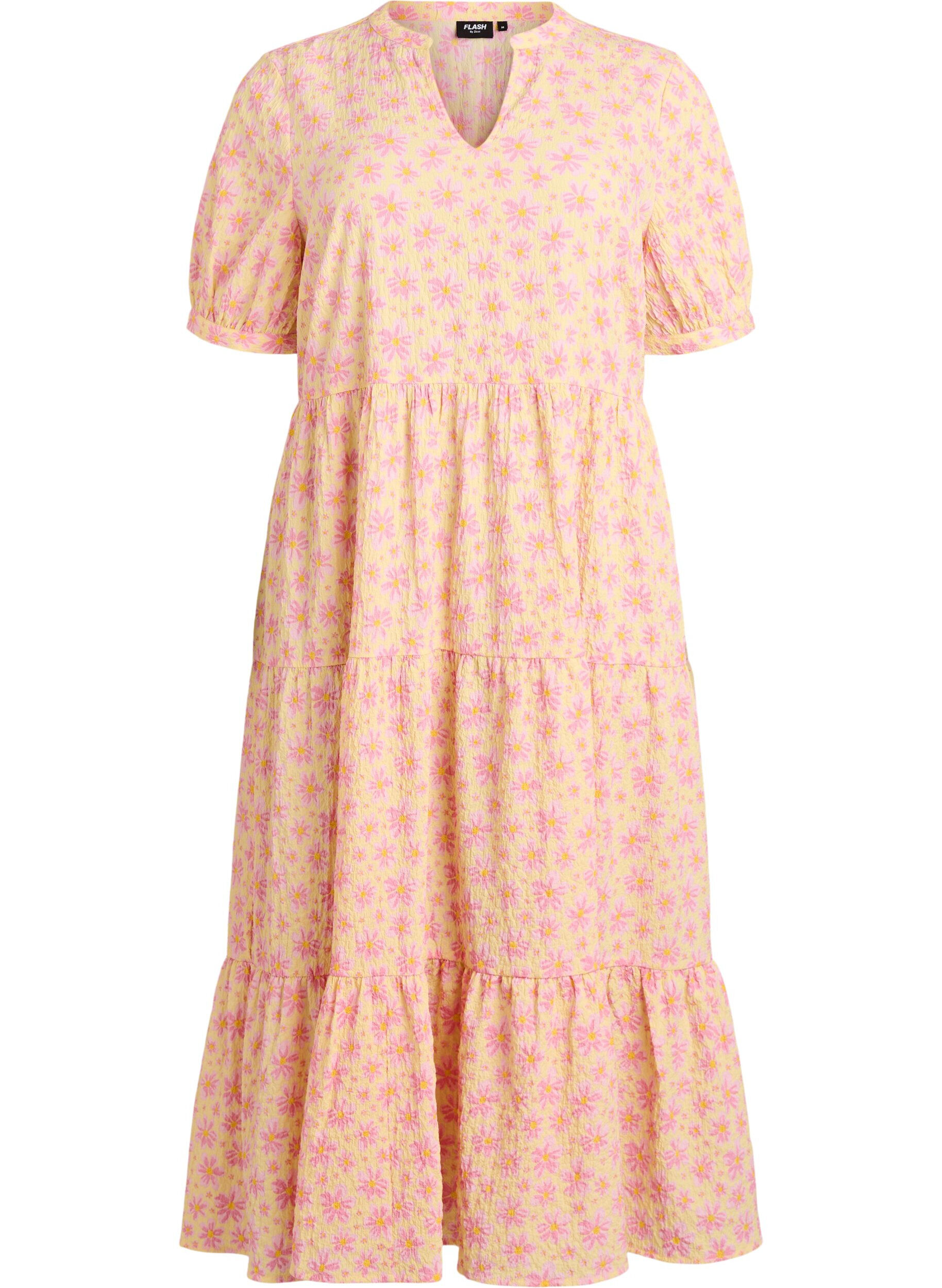 ZizzifashionAnkle-length dress with short sleeves and tiered ruffles, Yellow, Packshot image number 0