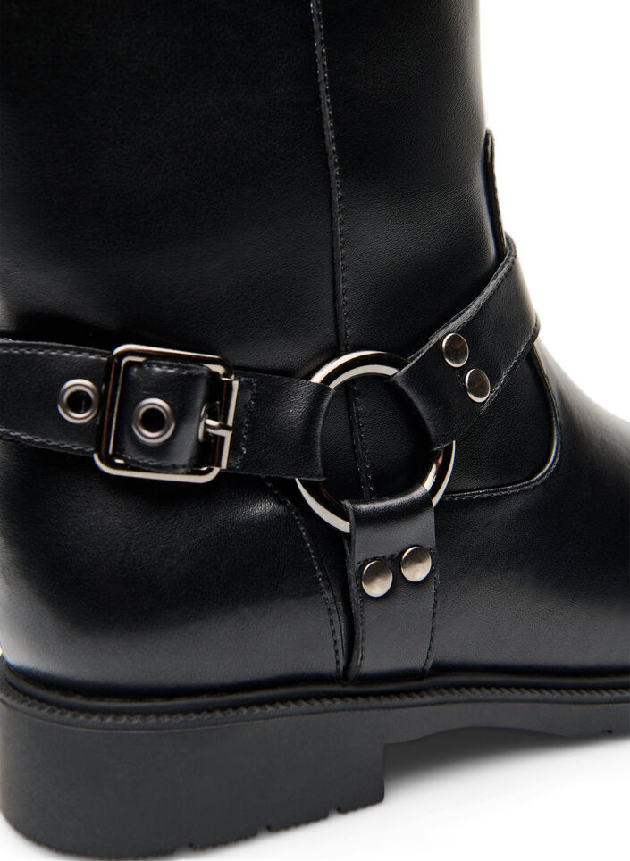 High leather boot with decorative buckles, Black, Packshot image number 2