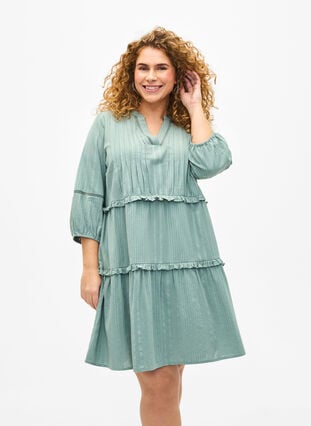 3/4 sleeve cotton dress with ruffles, Chinois Green, Model image number 0