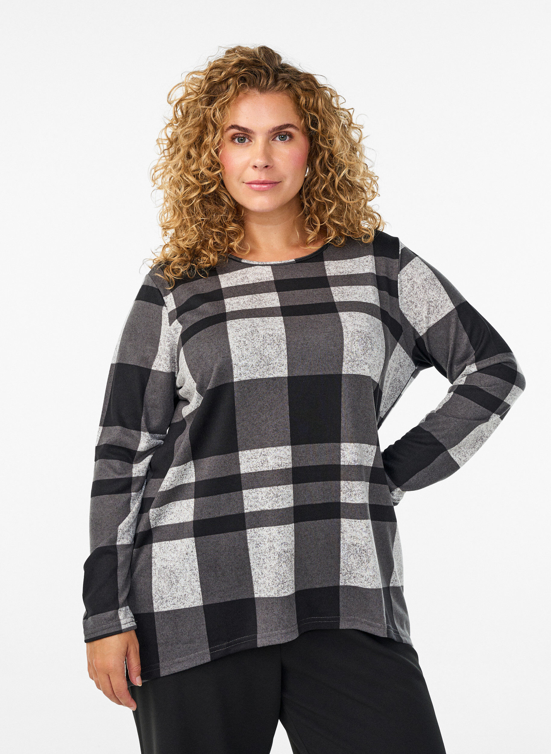 Zizzifashion Patterned blouse with long sleeves, Grey, Model image number 0