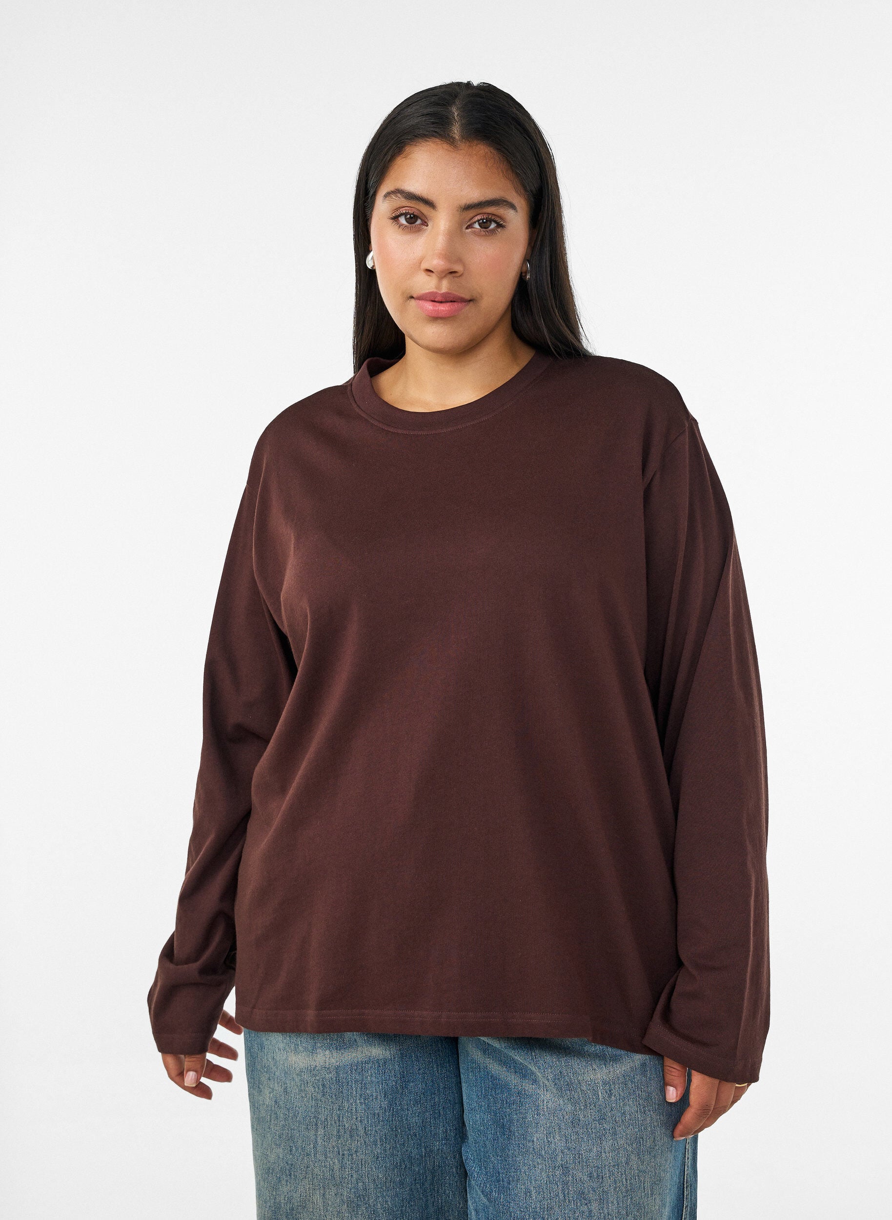 Basic t-shirt with long sleeves, Brown, Model
