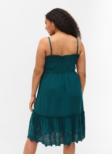 Viscose smock beach dress with embroidery anglaise, Deep Teal, Model image number 1
