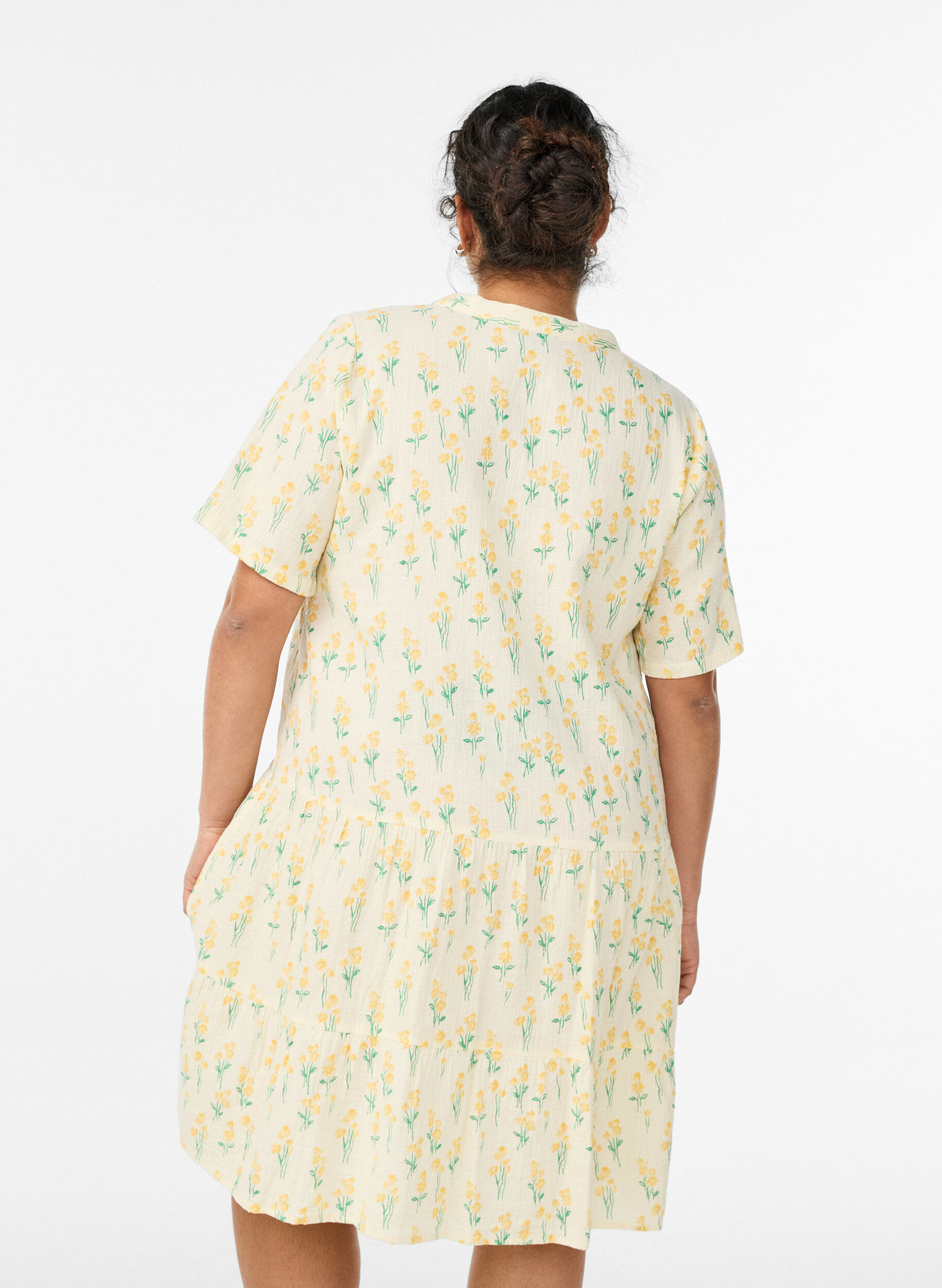 ZizzifashionShort A-line dress in cotton muslin, Yellow, Model image number 2