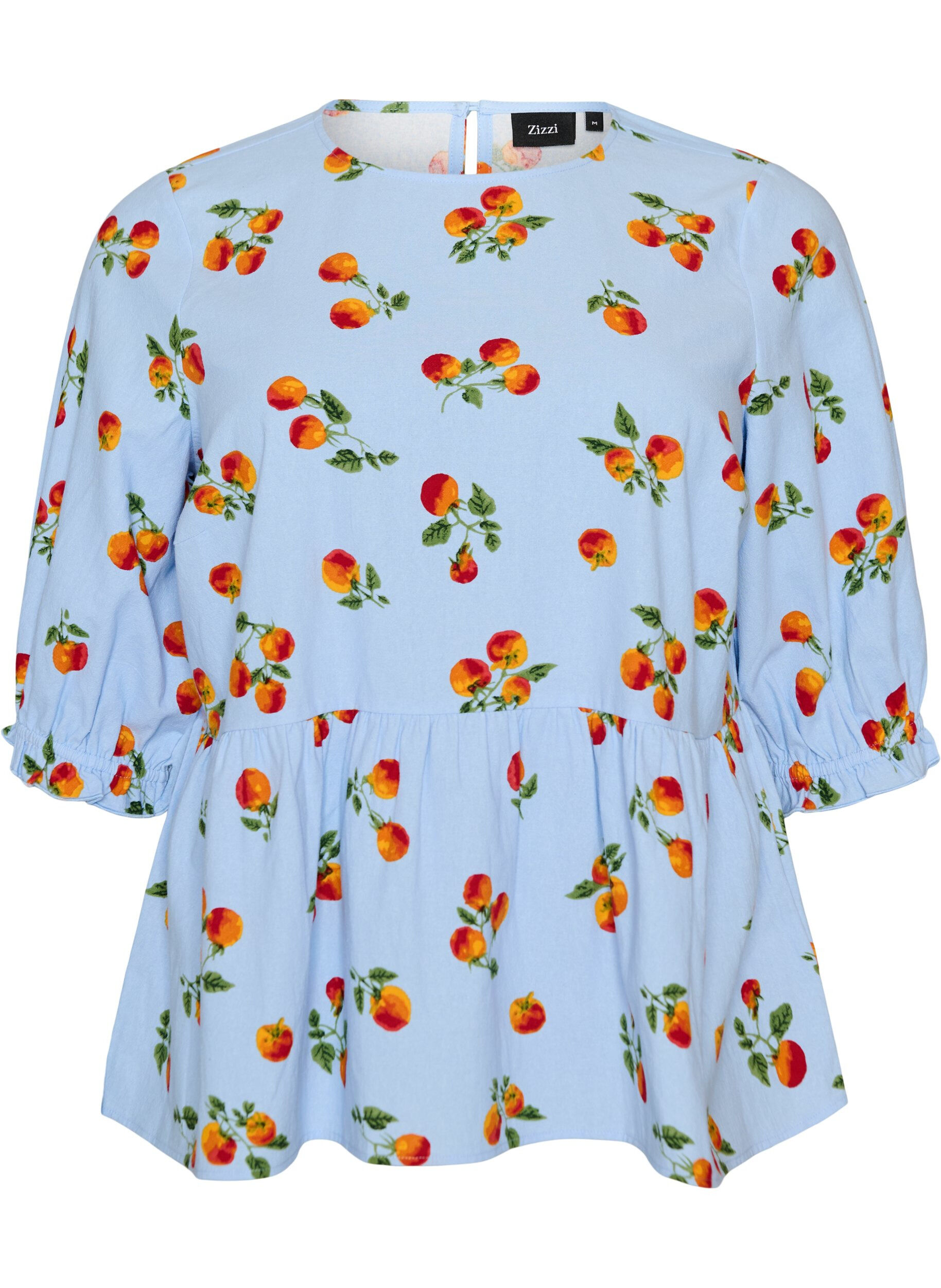 ZizzifashionCotton blouse with tomato print and peplum, Light Blue, Packshot image number 0