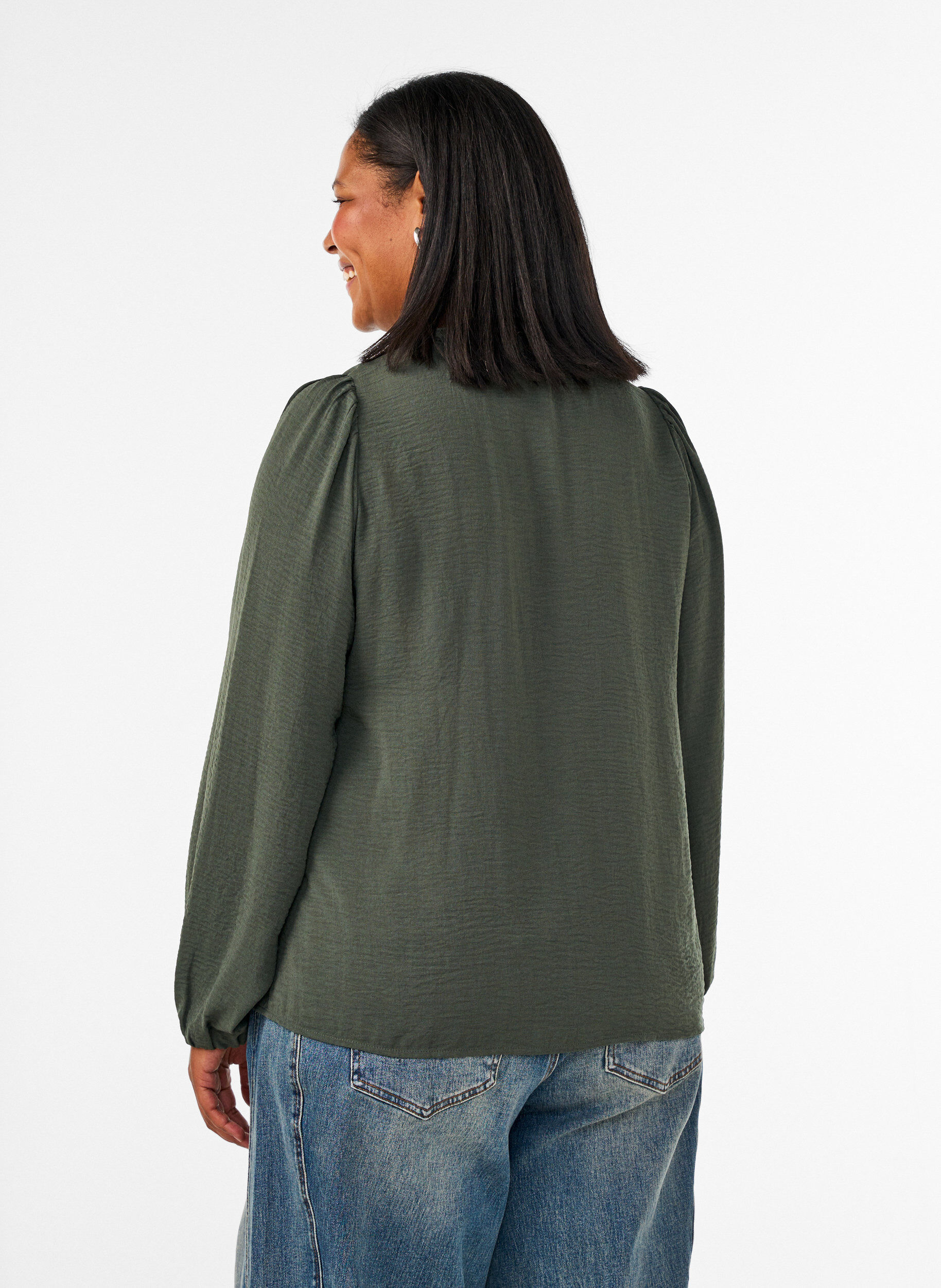 ZizzifashionBlouse with V-neck and crochet trim, Green, Model image number 2