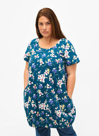 Short-sleeved, printed cotton dress, Legion Blue AOP, Model