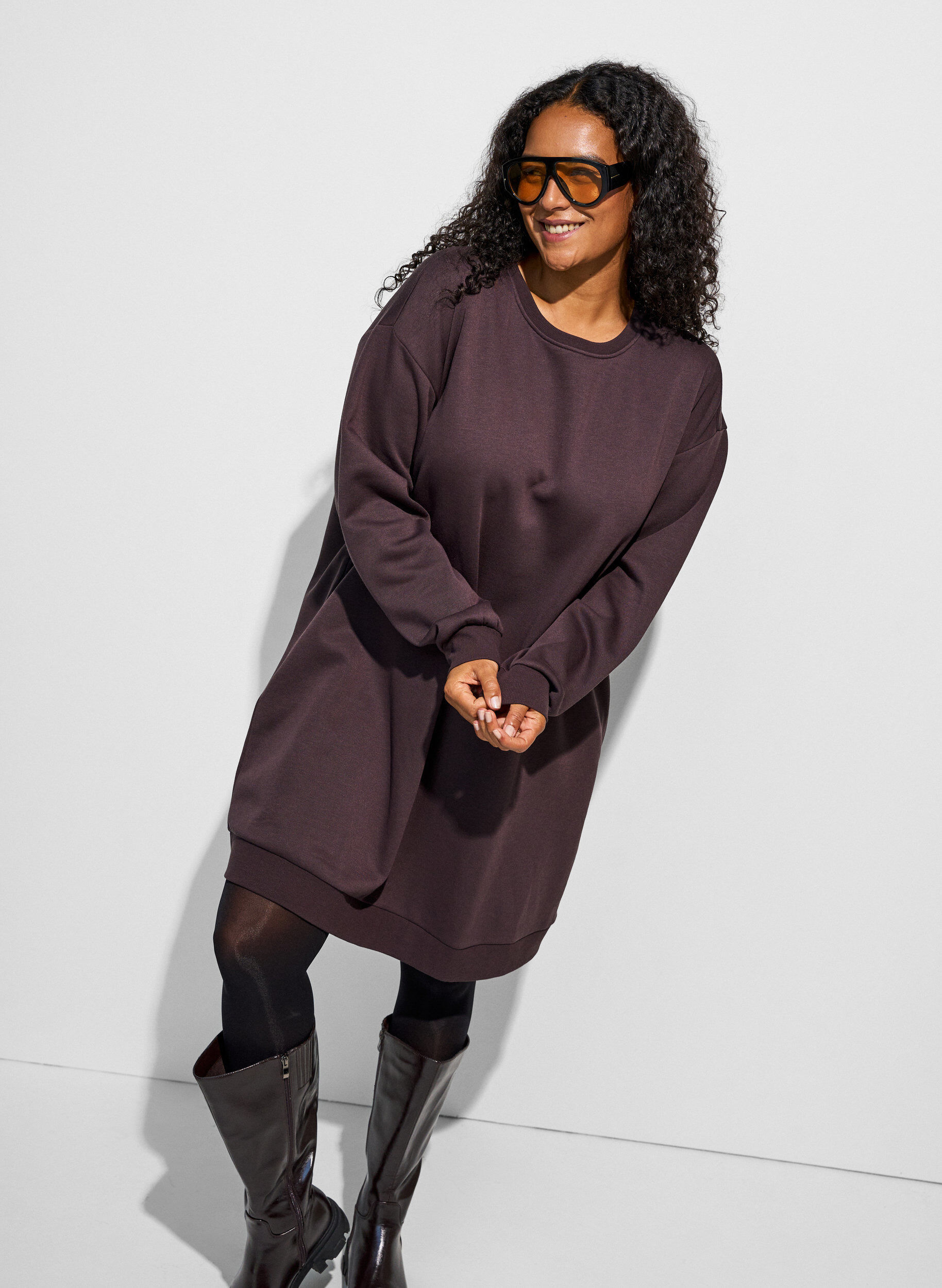 ZizzifashionLoose sweatshirt dress with pockets, Brown, Model image number 0