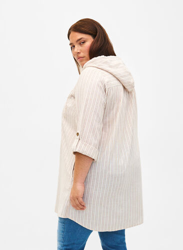 Hooded tunic in cotton and linen, Wh. Sandshell Stripe, Model image number 1