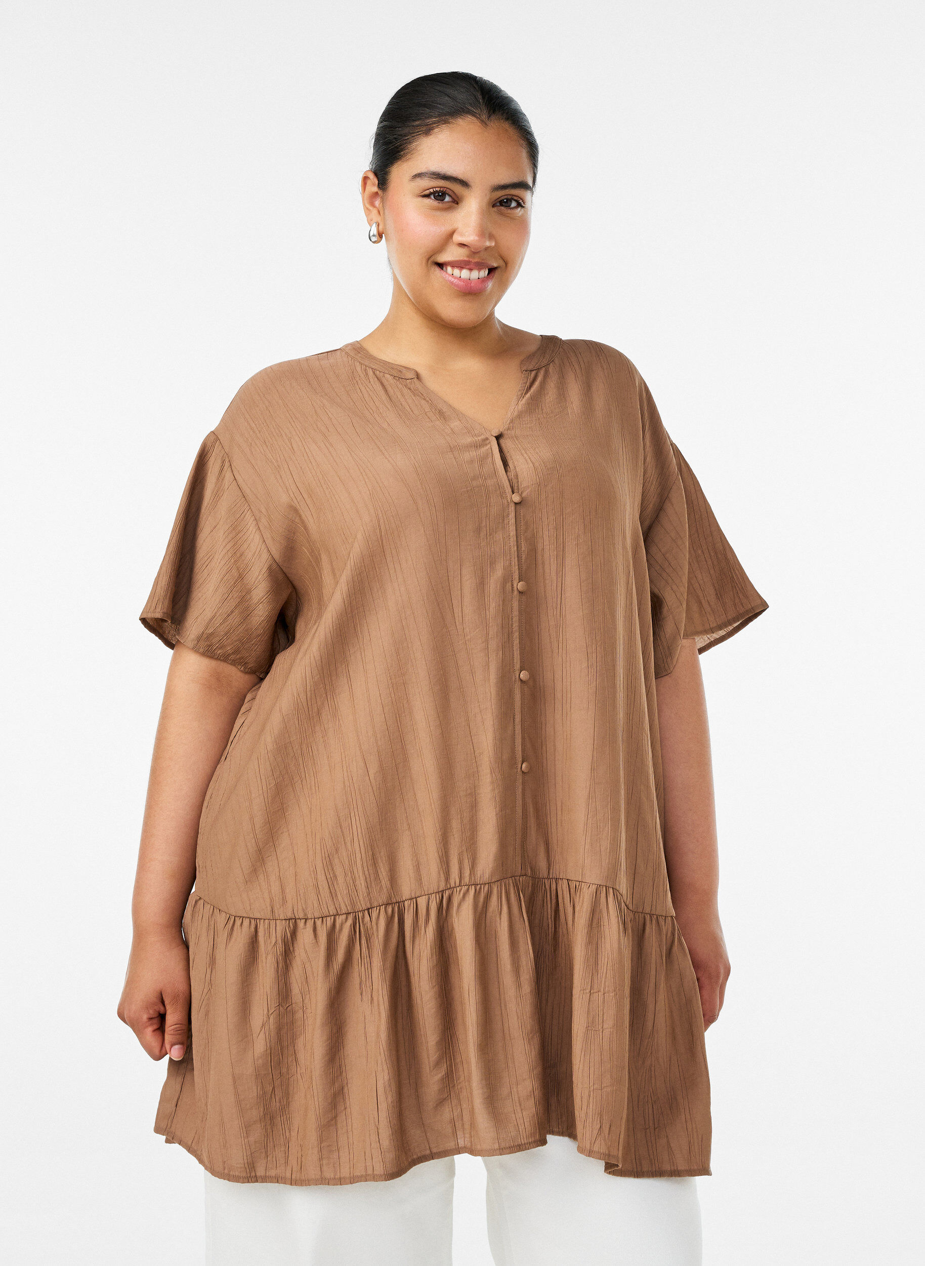 ZizzifashionLoose tunic with crinkled texture and ruffle hem, Brown, Model image number 0