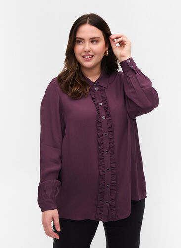 Viscose shirt with buttons and frill details, Plum Perfect, Model image number 0