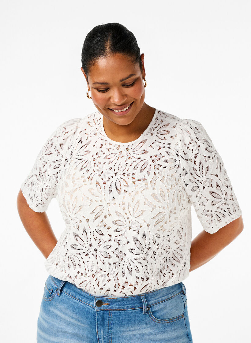 Lace blouse with short sleeves, Bright White, Model image number 0
